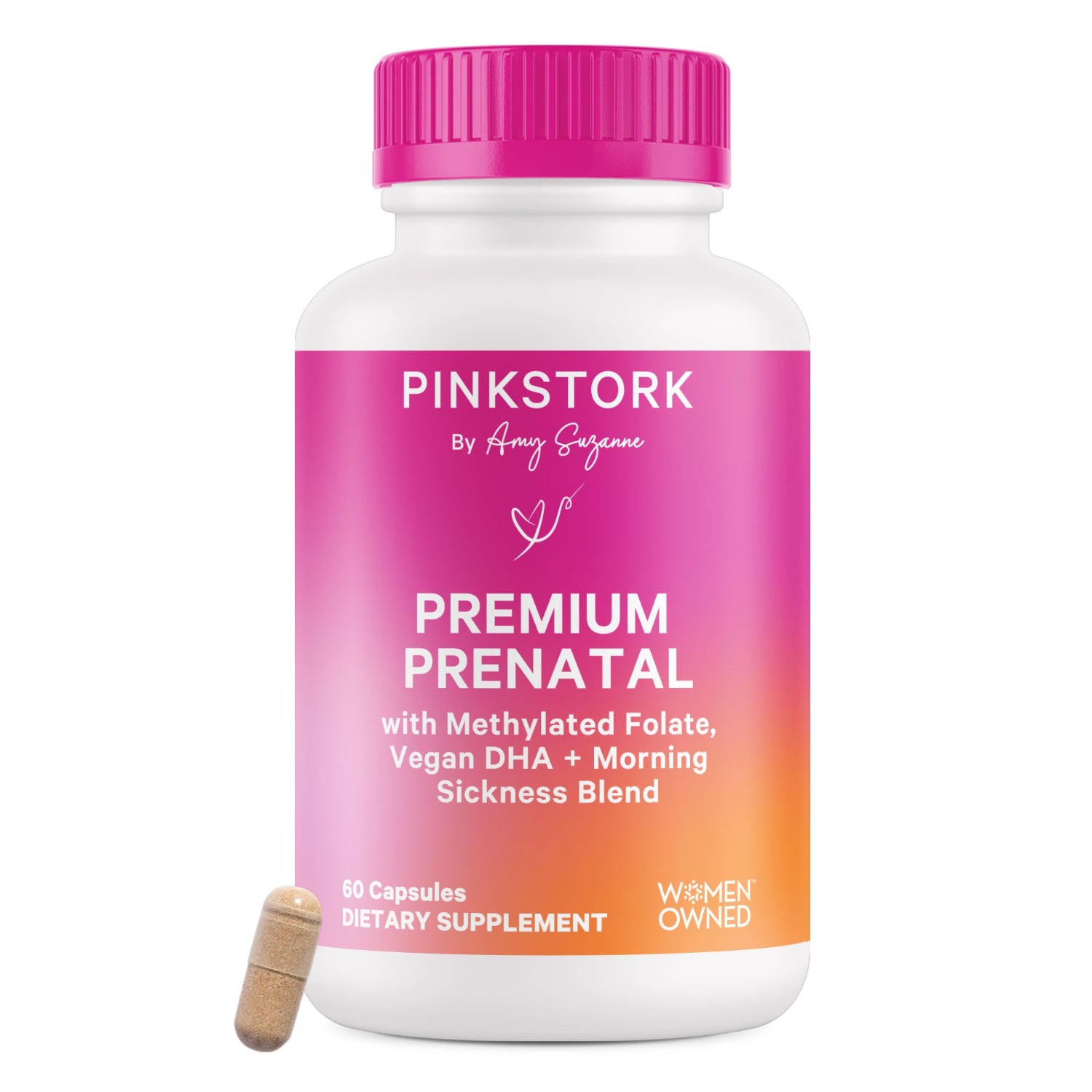 Pink Stork Premium Prenatal supplement bottle with pink cap on a white background