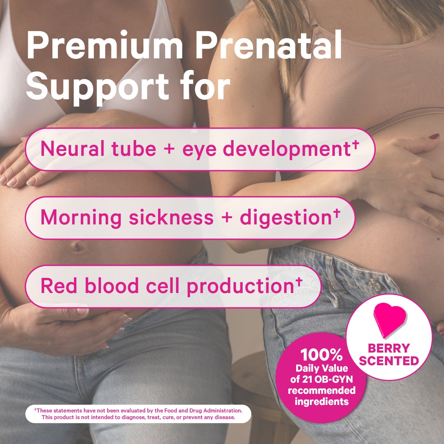 Advertisement for Premium Prenatal supplement with text about neural tube, eye development, morning sickness, digestion, and red blood cell production.