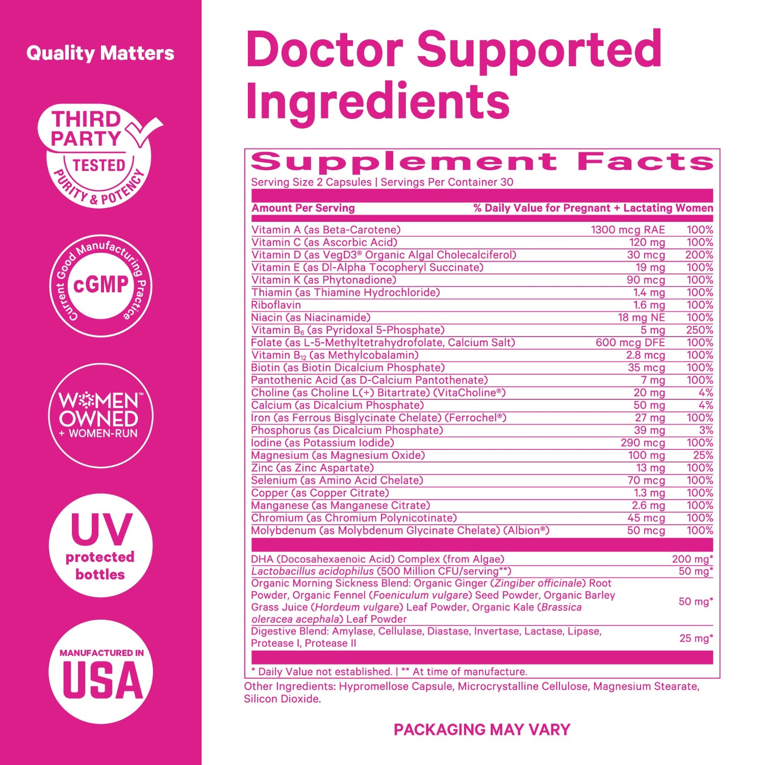 Supplement facts label with pink background and white text