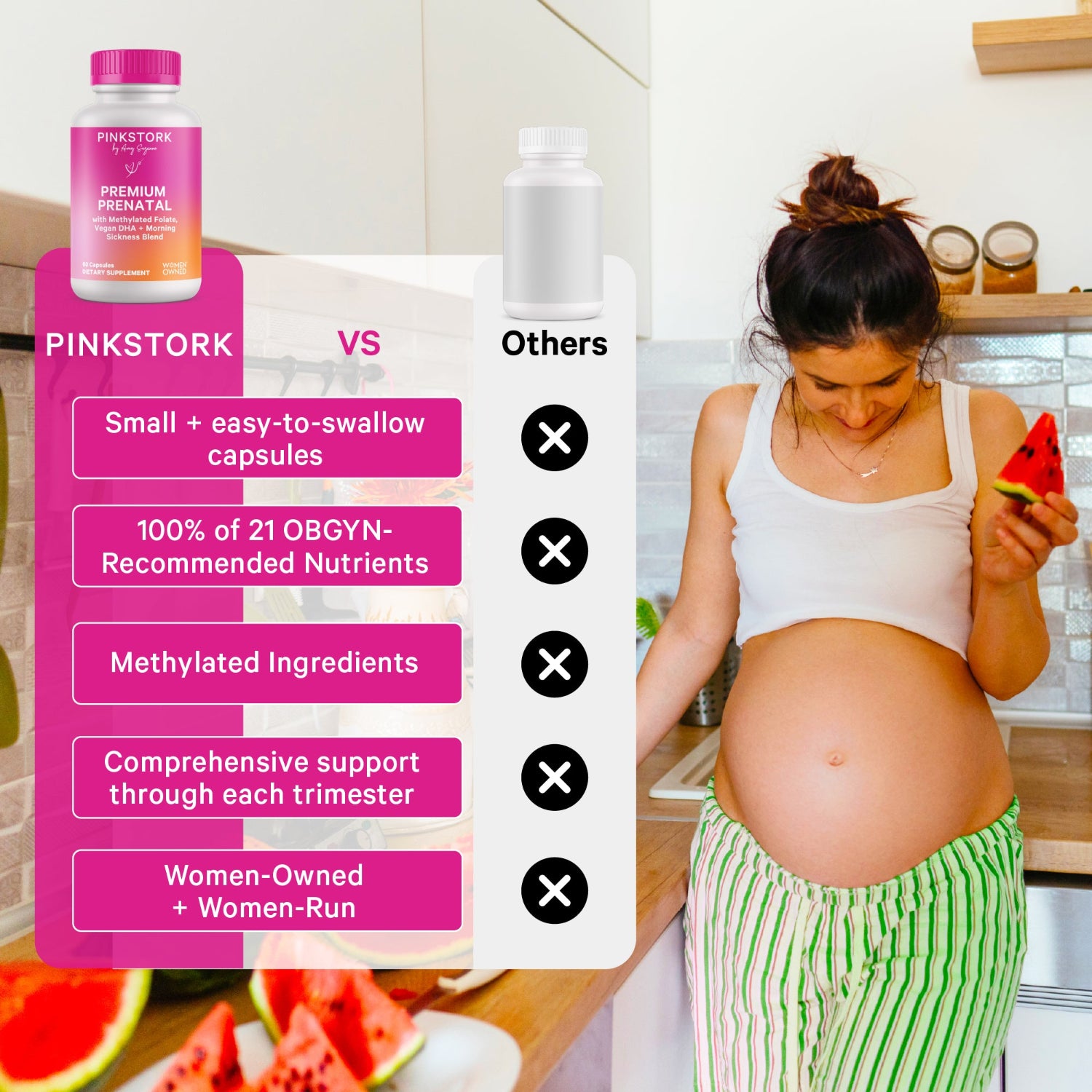 Comparison chart between Pink Stork and other products, with a pregnant woman holding watermelon in the background.