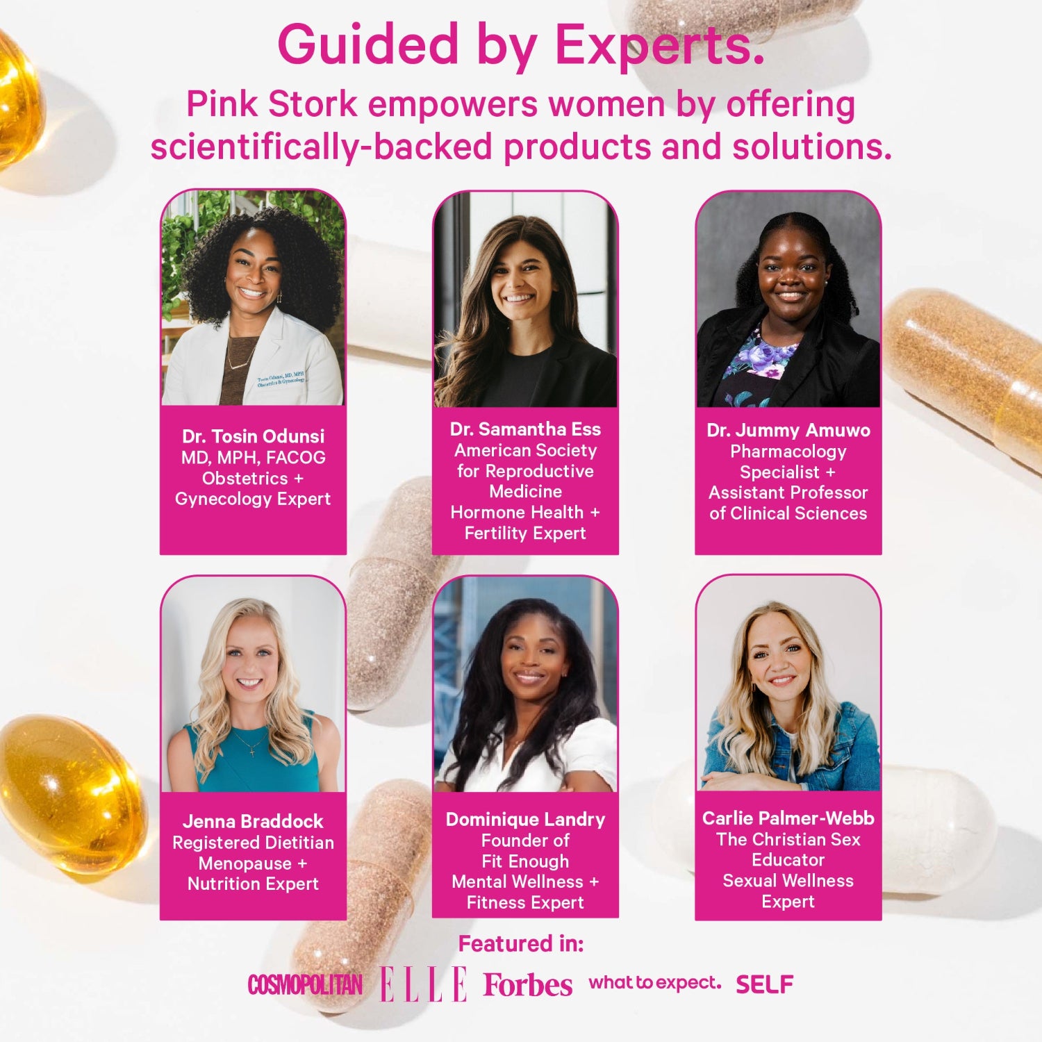 Advertisement featuring women experts in various fields with text about Pink Stork's products and solutions.