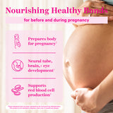 Close up of pregnant belly with woman's hands holding it. Nourishing health bonds for before and during pregnancy. List of benefits of this product.