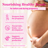 Close up of pregnant belly with woman's hands holding it. Nourishing health bonds for before and during pregnancy. List of benefits of this product.