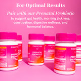 Pink Stork Prenatal Probiotic bottles next to each other facing different directions. For optimal results pair with our Prenatal Probiotic.