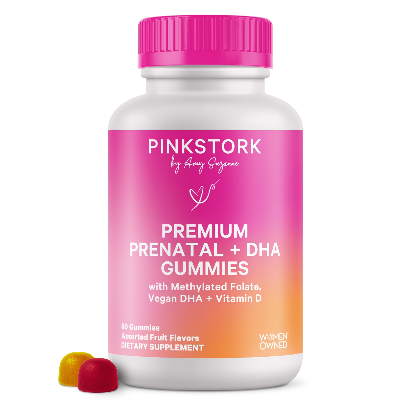 Pink Stork Premium Prenatal + DHA Gummies bottle with pink cap and two fruit-flavored gummies in front.