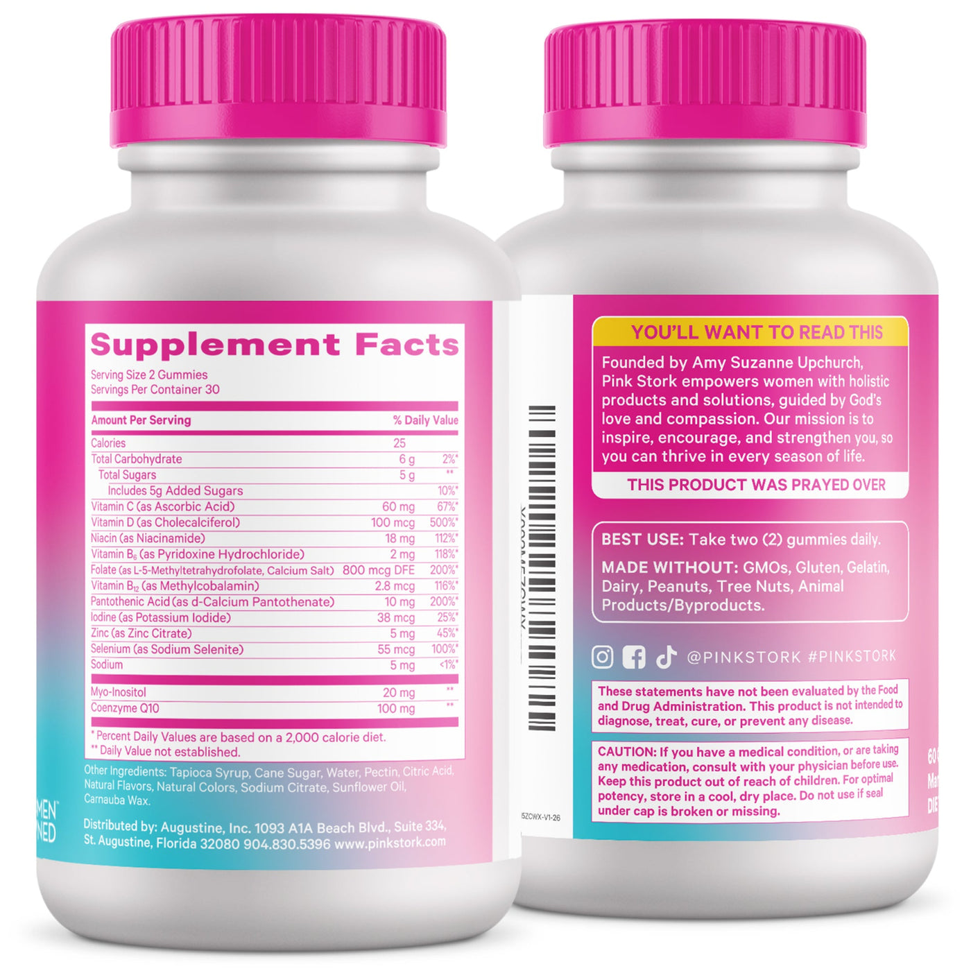 Two white plastic supplement bottles with bright pink caps, showing the front and back labels of a product called Pink Stork. The front label displays 'Supplement Facts' with a pink-to-blue gradient background, while the back label contains product details, a barcode, and social media handles.
