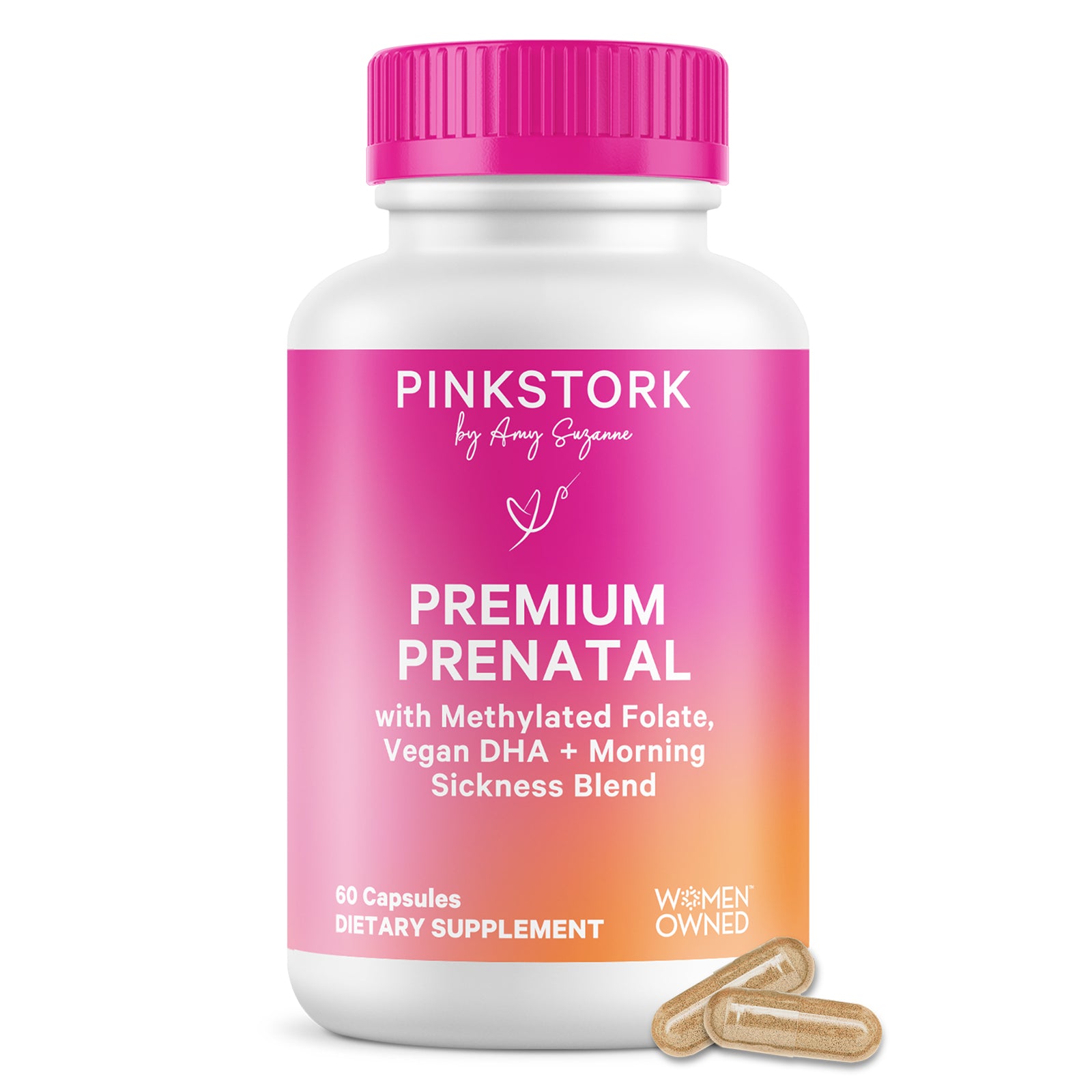Pink Stork Premium Prenatal supplement bottle with pink cap on a white background