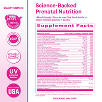 Supplement facts label for prenatal nutrition with pink and white color scheme.