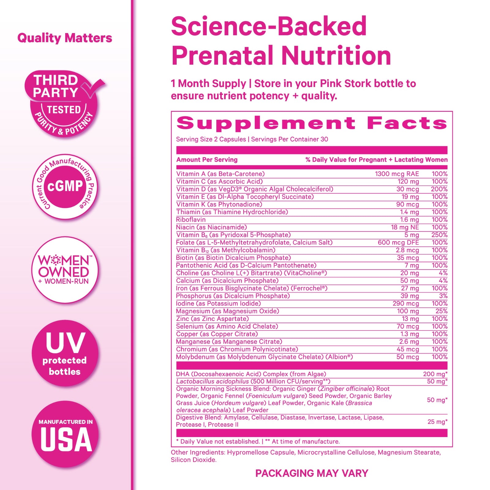 Supplement facts label for prenatal nutrition with pink and white color scheme.