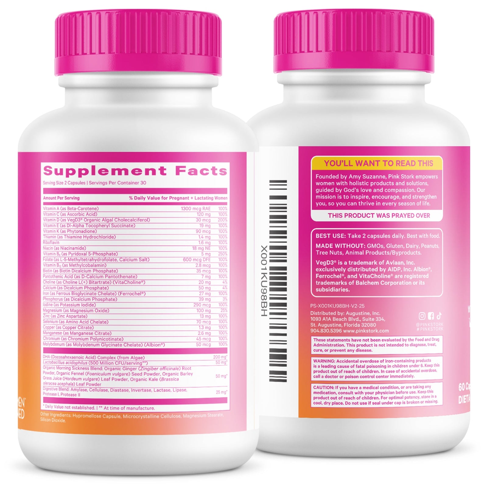 Two supplement bottles with pink caps and labels on a white background