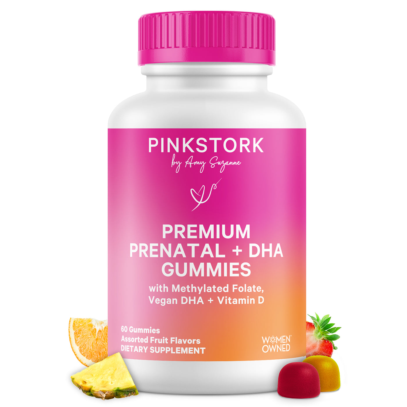 A white bottle of PINKSTORK Premium Prenatal + DHA Gummies with a bright pink cap and a pink-to-orange gradient label. The bottle is centered on a white background with fruit illustrations (pineapple, orange, strawberry, gummy candies) at the bottom.