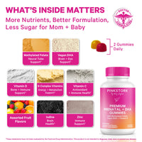 Pink Stork Premium Prenatal + DHA Gummies bottle shown on a white background with marketing text, ingredient callouts, and two gummies pictured. The bottle is pink with an orange-to-pink gradient label, and the surrounding graphics describe nutrients such as methylated folate, vegan DHA, vitamin D, B-complex vitamins, vitamin C, assorted fruit flavors, iodine, zinc, and immune support.