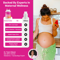 Promotional graphic for Pinkstork prenatal supplement, featuring a pregnant woman in a kitchen holding a slice of watermelon on the right, and a comparison chart on the left highlighting benefits over other brands. The left side has a bright pink background with text and product bottle illustrations.