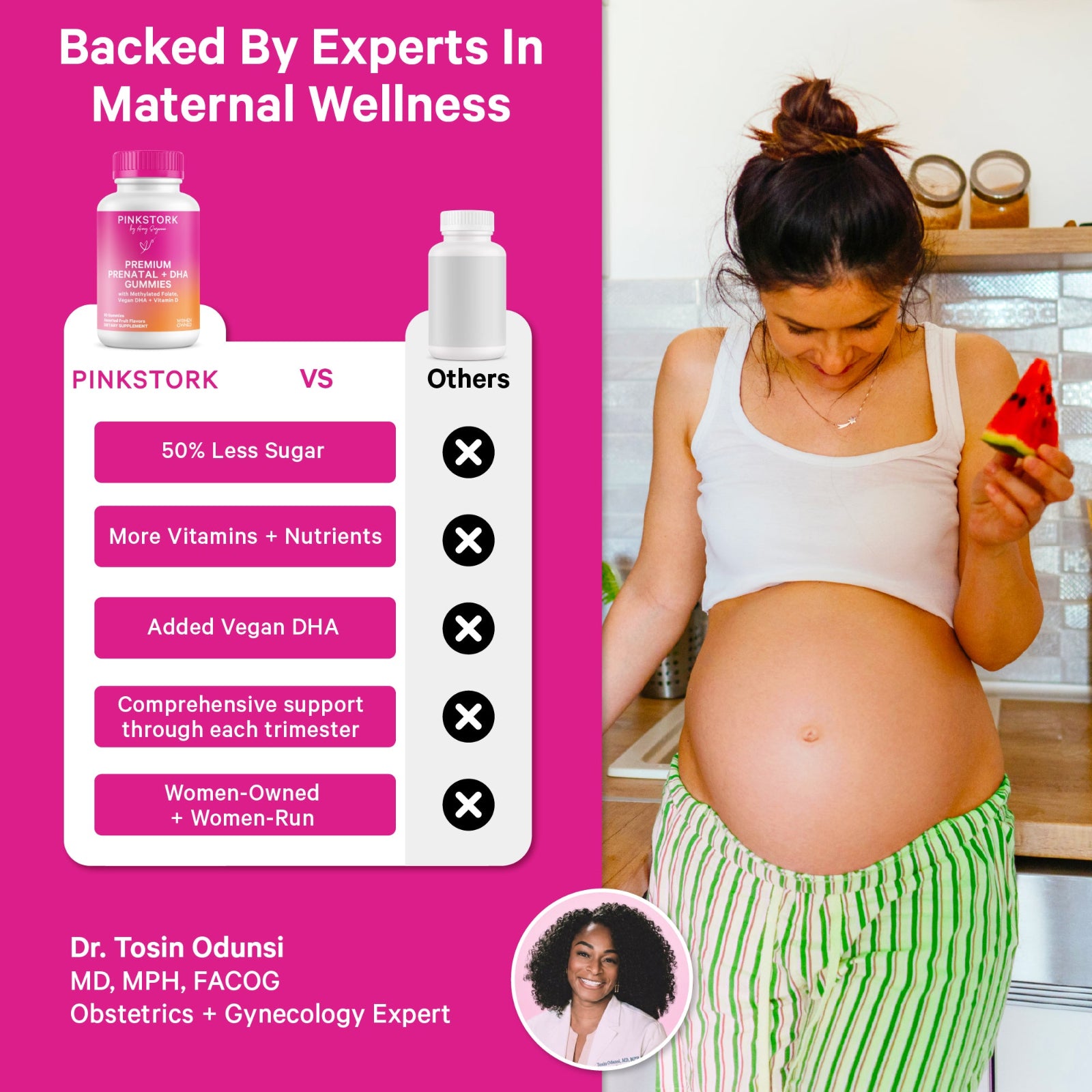 Promotional graphic for Pinkstork prenatal supplement, featuring a pregnant woman in a kitchen holding a slice of watermelon on the right, and a comparison chart on the left highlighting benefits over other brands. The left side has a bright pink background with text and product bottle illustrations.