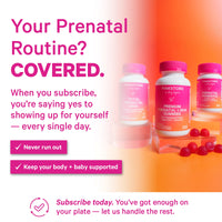 Pinkstork prenatal vitamins with promotional text on a gradient background