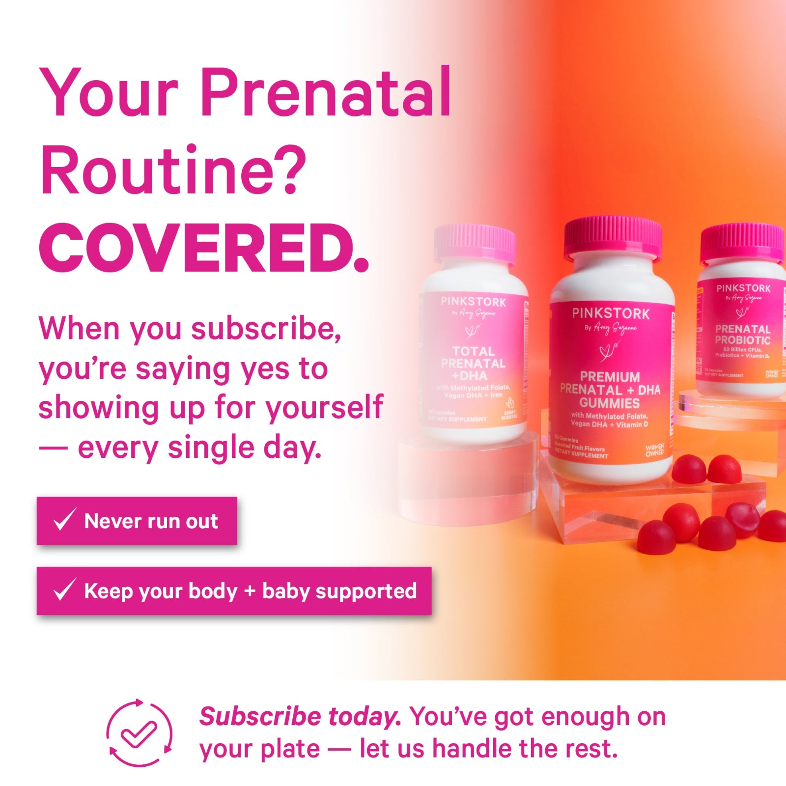Pinkstork prenatal vitamins with promotional text on a gradient background