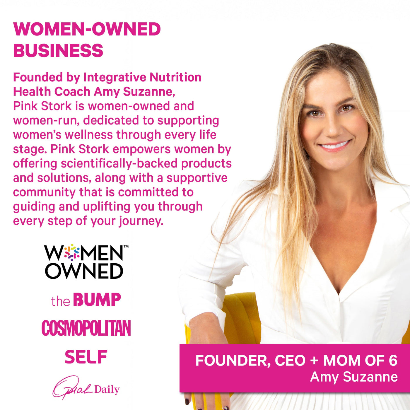 Promotional graphic for Pink Stork, featuring a smiling Amy Suzanne on the right and pink and black text on the left highlighting that it is a women-owned business founded by Integrative Nutrition Health Coach Amy Suzanne.