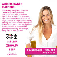 Promotional graphic for Pink Stork, featuring a smiling Amy Suzanne on the right and pink and black text on the left highlighting that it is a women-owned business founded by Integrative Nutrition Health Coach Amy Suzanne.