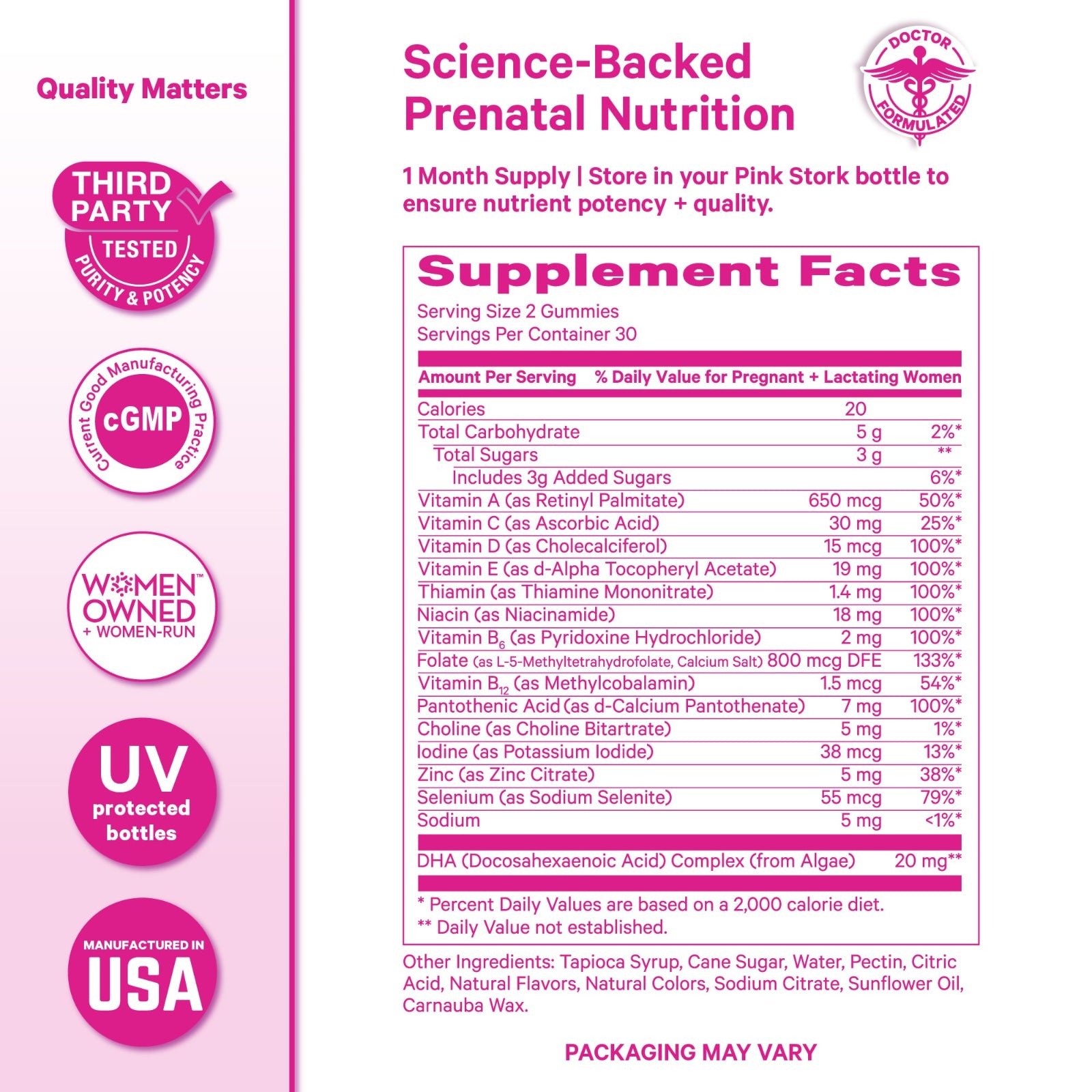 A pink and white informational label for a prenatal nutrition product, featuring the text 'Science-Backed Prenatal Nutrition' and a large Supplement Facts panel with nutrition details. Multiple circular badges on the left mention quality claims such as third-party tested, CGMP, women-owned, UV protected, and made in the USA.