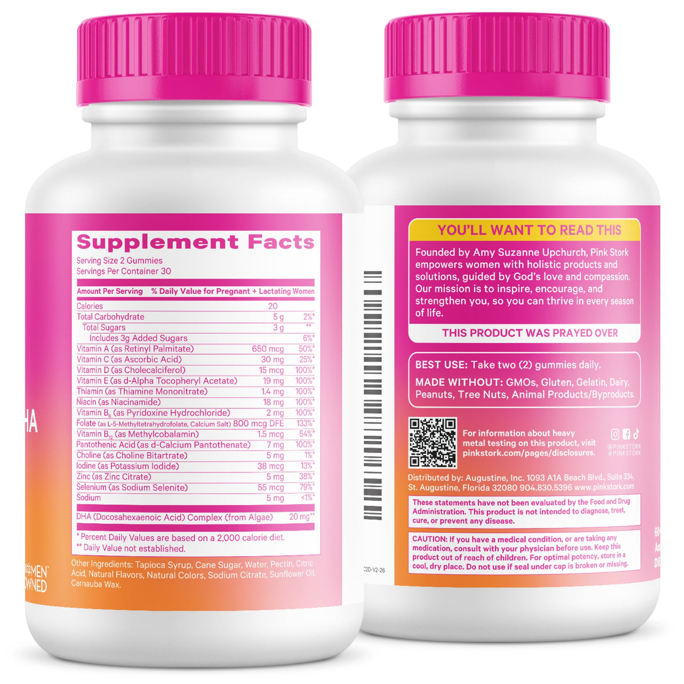 Two white plastic bottles of women's health supplements shown from the back, featuring bright pink ribbed caps and detailed supplement facts labels with orange gradient accents.