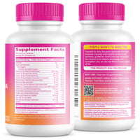 Two white plastic bottles of women's health supplements shown from the back, featuring bright pink ribbed caps and detailed supplement facts labels with orange gradient accents.