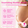 Close up of pregnant belly. Nourishing health bonds for before and during pregnancy. List of benefits of this product.