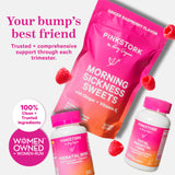 Pink Stork Morning Sickness Sweets Ginger Raspberry, Prenatal Iron, and Total Prenatal floating with raspberries. Your bump's best friend. Trusted + comprehensive support through each trimester.