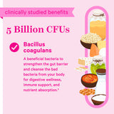 Clinically studied benefits. 5 Billion CFUs. Bacillus coagulans. A beneficial bacteria to strengthen the gut barrier and cleanse the bad bacteria from your body for digestive wellness, immune support, and nutrient absorption. Graphics of foods that contain Bacillus coagulans.