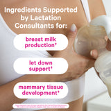 Close up of a woman holding a breast pump to her breast. Ingredients support by lactation consultants.