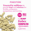 Pile of supplement capsules spilled across the bottom left corner. List of logos for press that Pink Stork has been featured in.