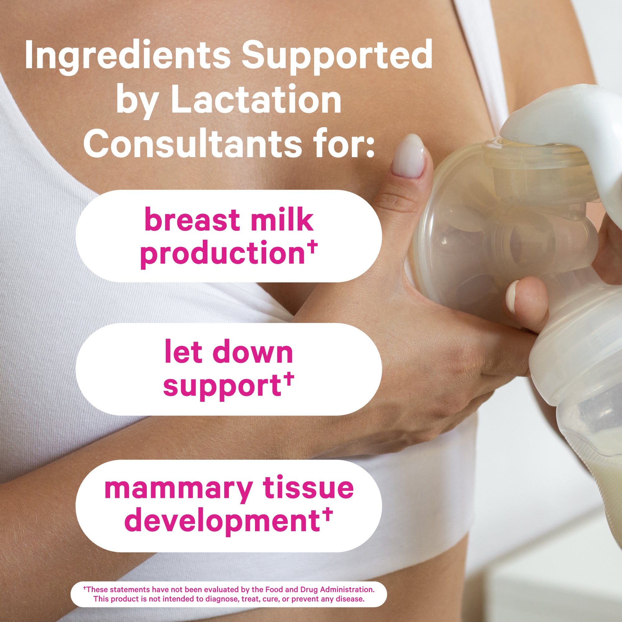 Close up of a woman holding a breast pump to her breast. Ingredients supported by lactation consultants.