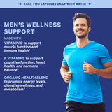 An image of a running man. Take two capsules daily with water. Men's wellness support. Made with Vitamin D to support muscle function and immune health. B Vitamins to support cognitive function, heart health, and hormone balance. Organic Health Blend to promote energy levels, digestive wellness, and metabolism.