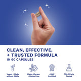 An image of someone holding two capsules between 2 fingers. Clean, effective, + trusted formula in 60 capsules.