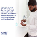 An image of a man pouring some capsules into his hand. Blue Stork. Our Blue Stock Total Men's Multi is made with clean, trusted and effective ingredients to support men's overall health and wellness.