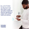 An image of a man pouring some capsules into his hand. Blue Stork. Our Blue Stock Total Men's Multi is made with clean, trusted and effective ingredients to support men's overall health and wellness.