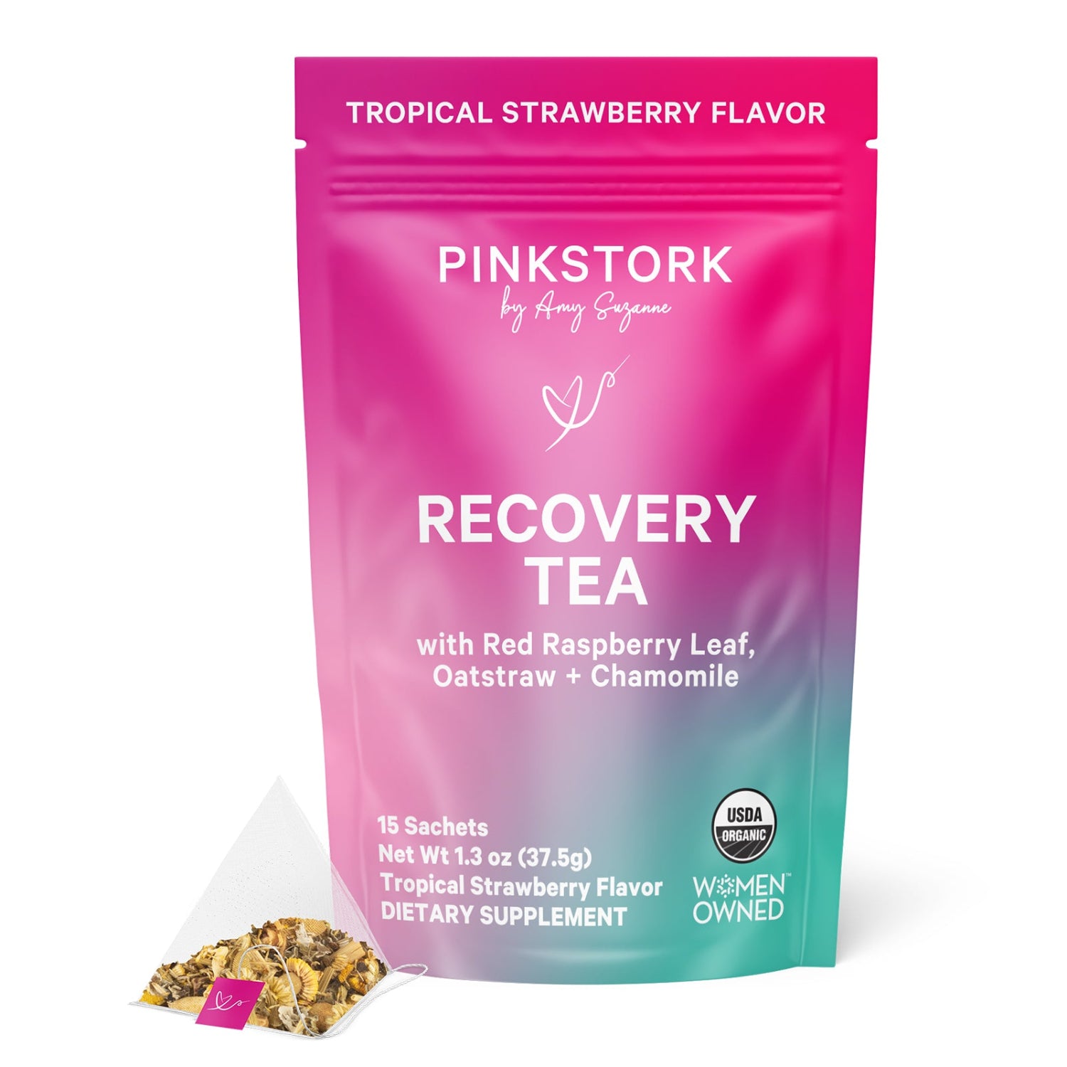 Pink Stork Recovery Tea package with tropical strawberry flavor on a white background