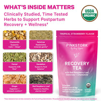 Pink Stork Recovery Tea packaging with ingredients and USDA Organic label on a white background