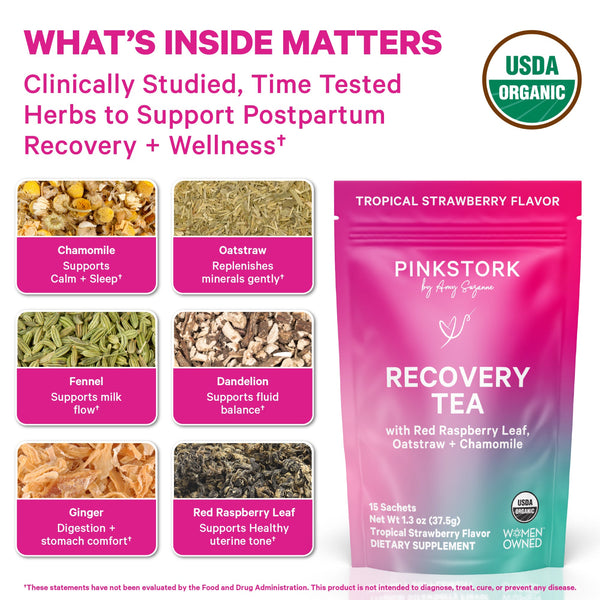 Pink Stork Recovery Tea packaging with ingredients and USDA Organic label on a white background