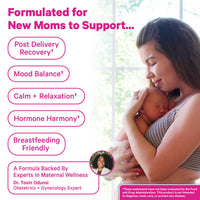 Woman holding a baby with product benefits listed on a light background