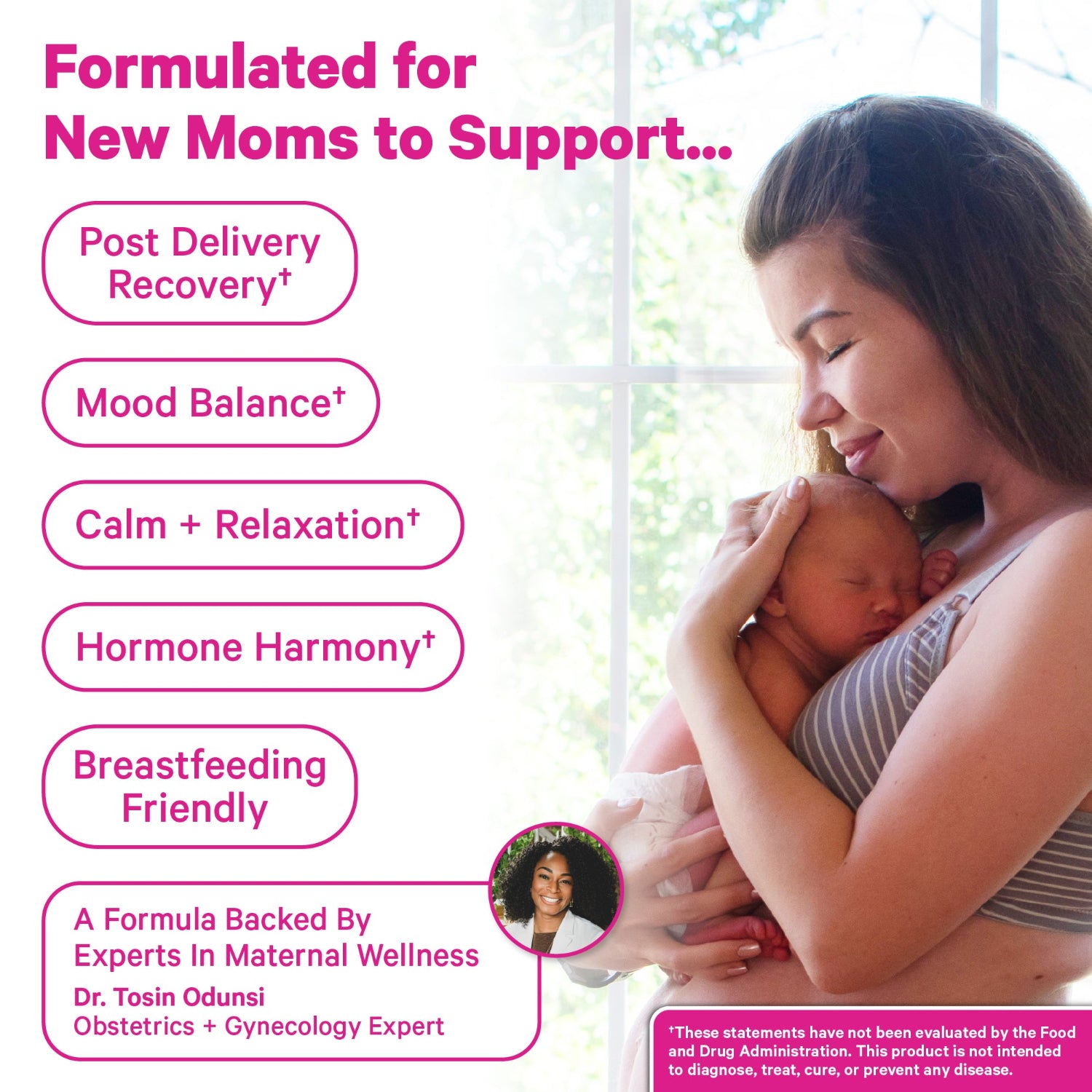 Woman holding a baby with product benefits listed on a light background