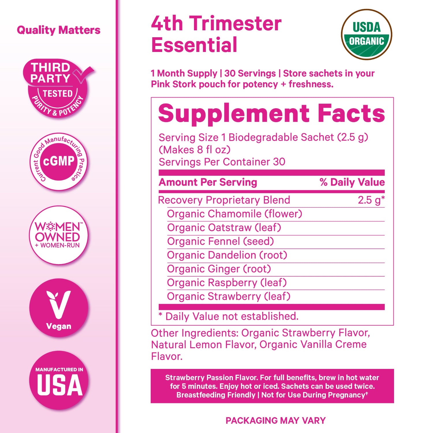 Supplement label for '4th Trimester Essential' with supplement facts and certification logos on a pink background.