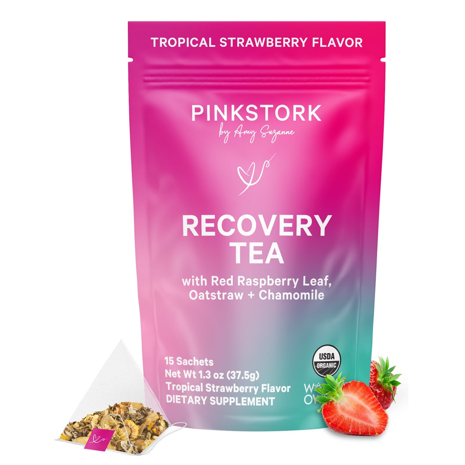 Pink Stork Recovery Tea package with strawberry flavor on a white background