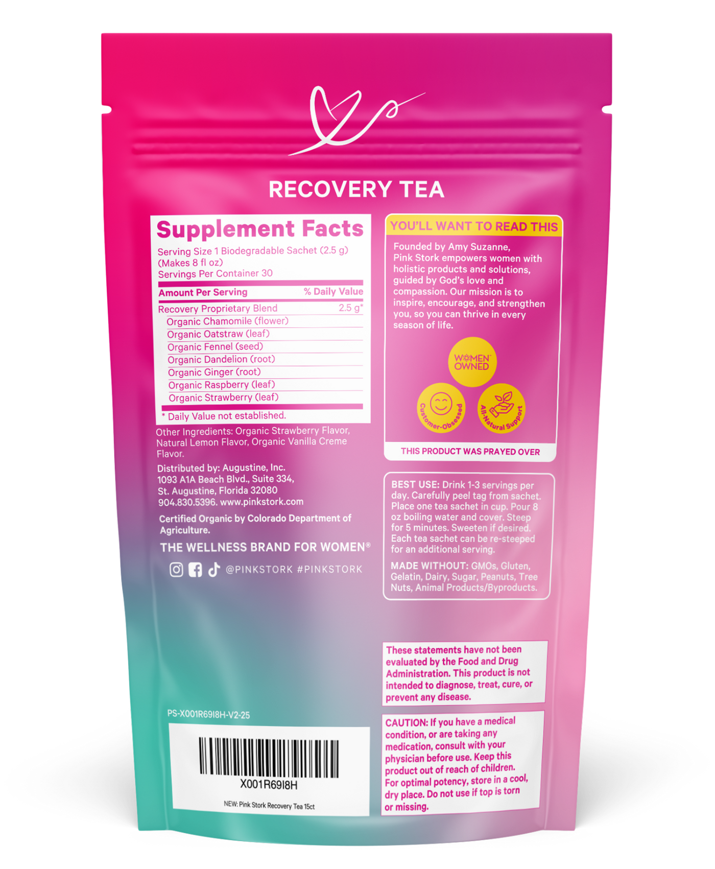 Pink and green package of recovery tea with supplement facts on a white background