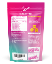 Pink and green package of recovery tea with supplement facts on a white background
