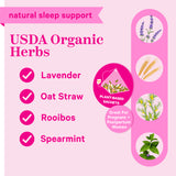 USDA Organic Herbs with herbs listed out and little graphics of them. Natural sleep support - great for pregnant + postpartum women.