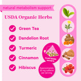 Graphics of ingredients in the product. USDA organic herbs. Natural metabolism support.