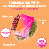 A package of Slim Tea with Closeups of Hibiscus, Green Tea, and Dandelion around it. Formulated with clinically studied herbs to support your needs.