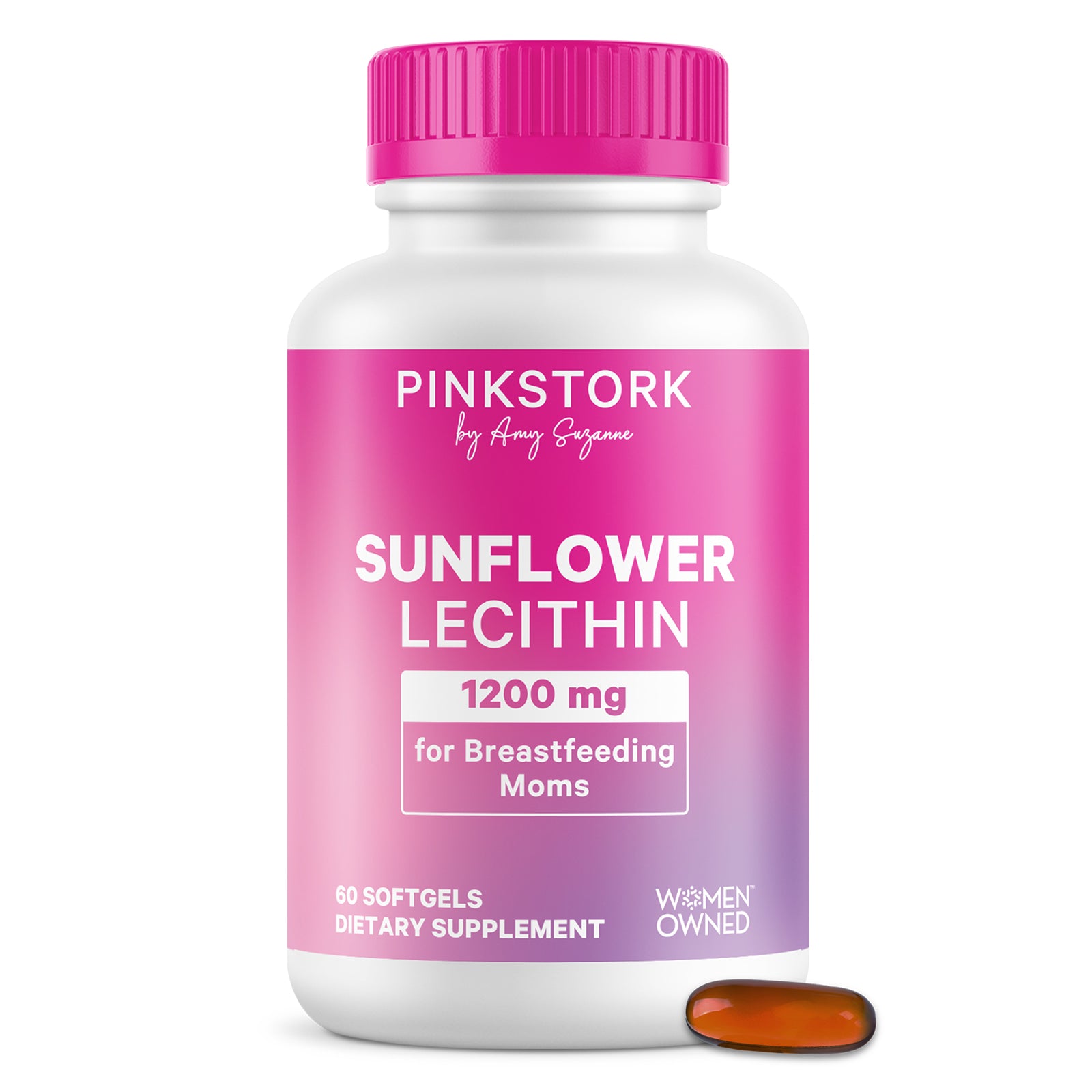 Supplement bottle labeled 'Sunflower Lecithin' by Pink Stork on a white background