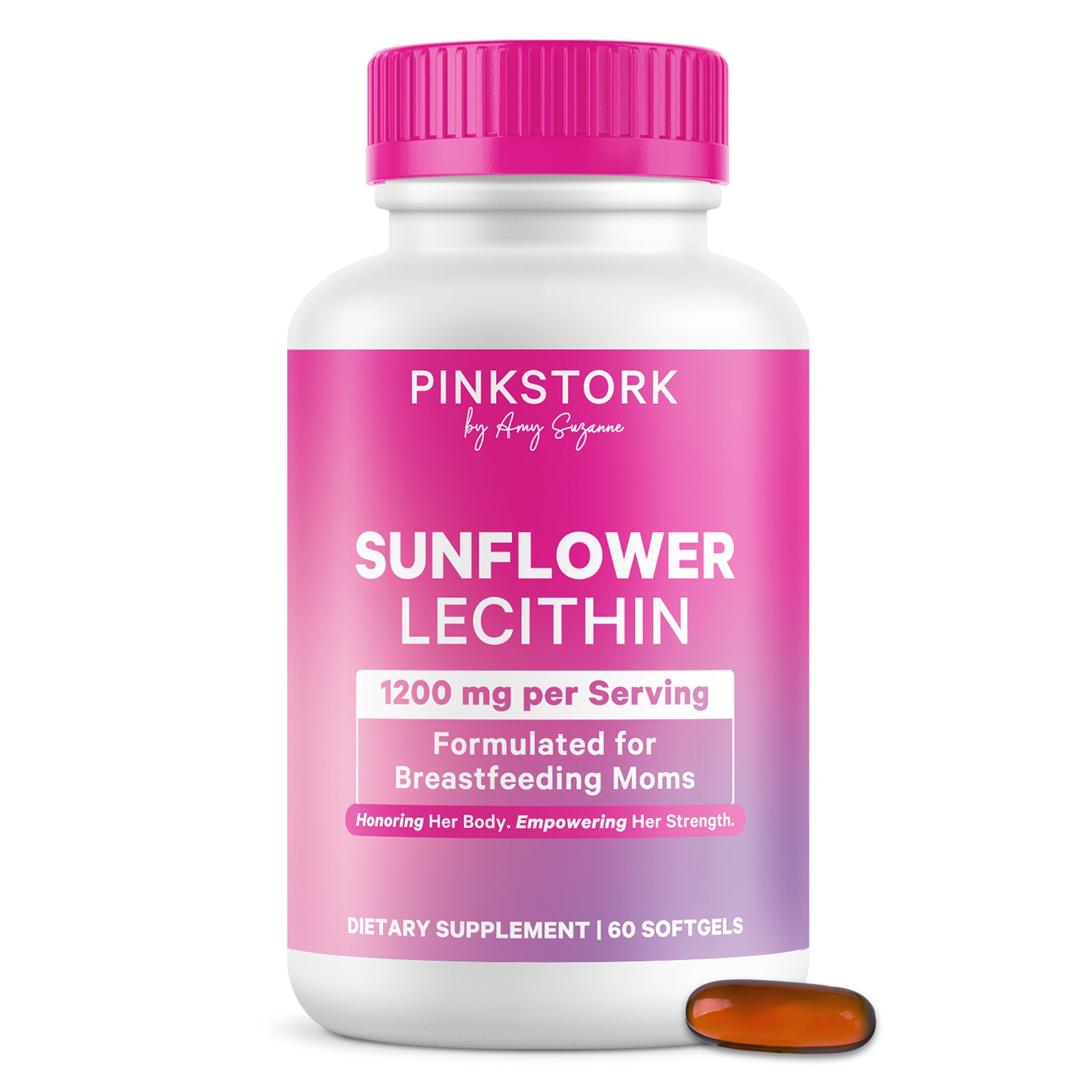 Supplement bottle labeled 'Sunflower Lecithin' by Pink Stork on a white background
