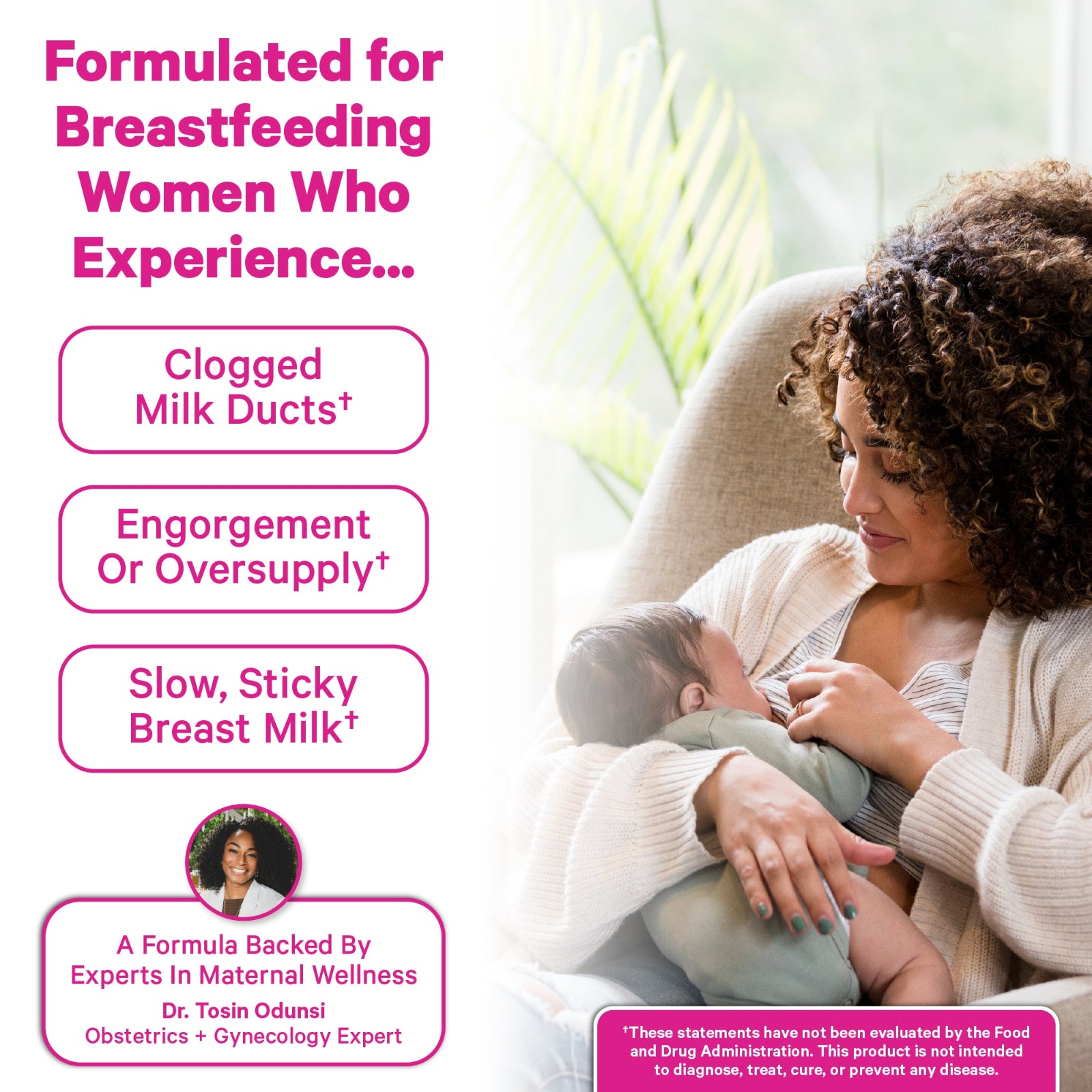 Woman breastfeeding a baby with text about product benefits for breastfeeding women.